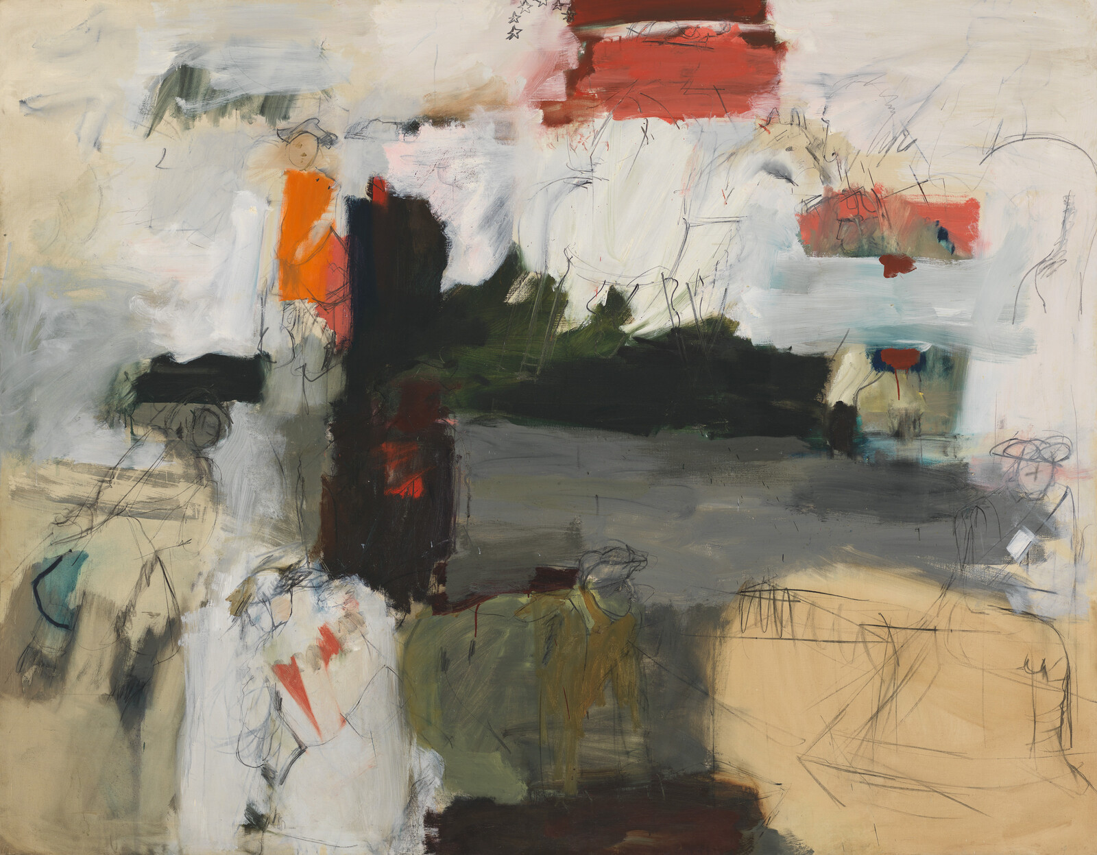 Abstract painting with dark vertical cross, loose sketched figures, and red and white color accents.