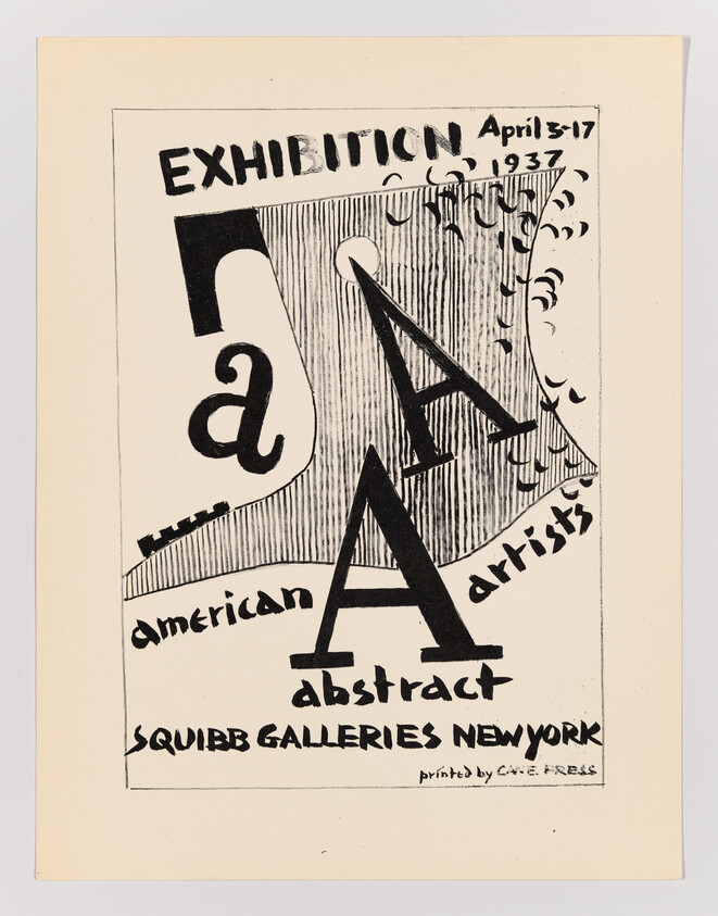 Vintage poster for an abstract art exhibition held from April 3-17, 1937, at Squibb Galleries New York, featuring stylized lettering and graphic elements.