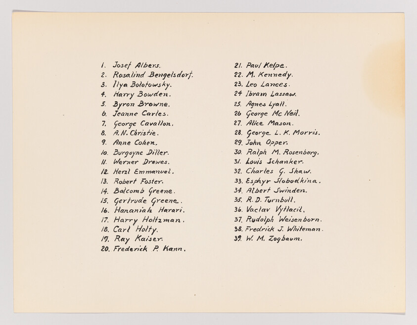 A photograph of a typed list of names on a beige background, featuring 36 individual names, some with initials, organized in two columns. Each name is followed by a period. The list includes various surnames such as Albers, Bengelsdorf, Bolotowsky, and Holtzman, among others. The text is black with a typewriter font, suggesting an official or formal document.