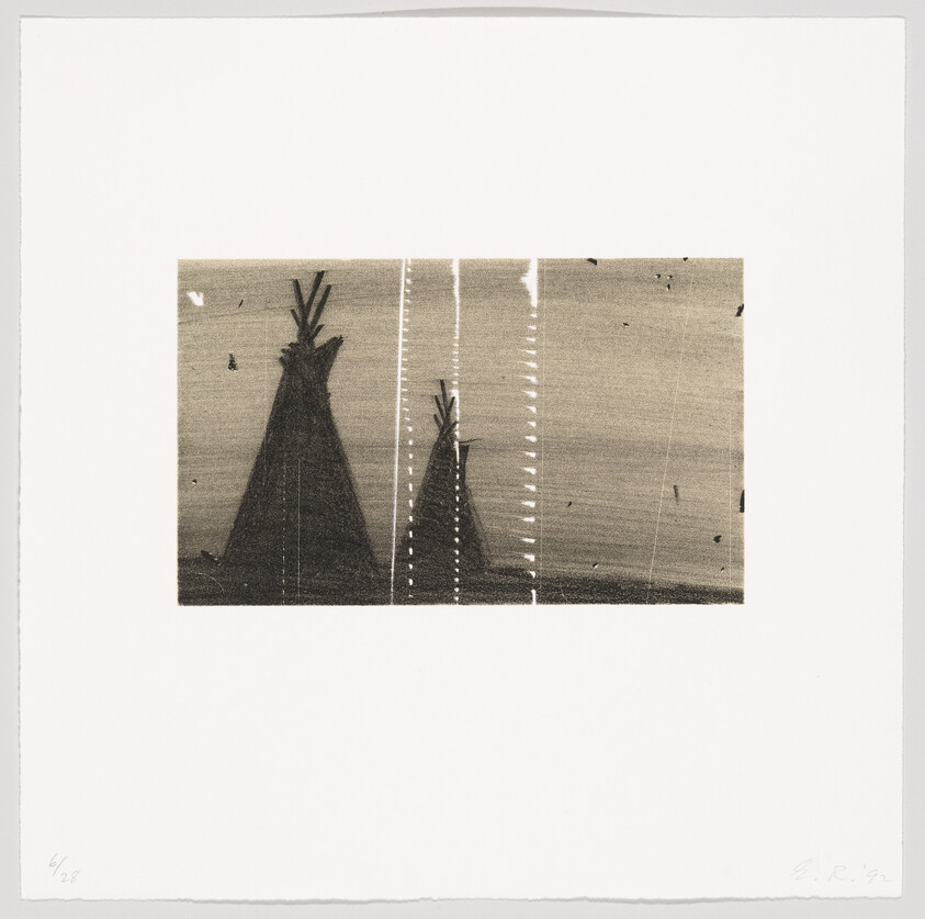 Two dark teepees stand side by side against a textured sky with vertical film-like streaks.