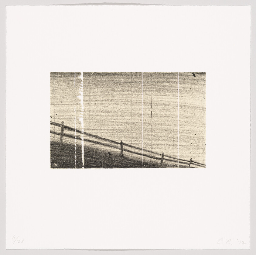 A simple black-and-white print shows a slanted wooden fence crossing a hillside.