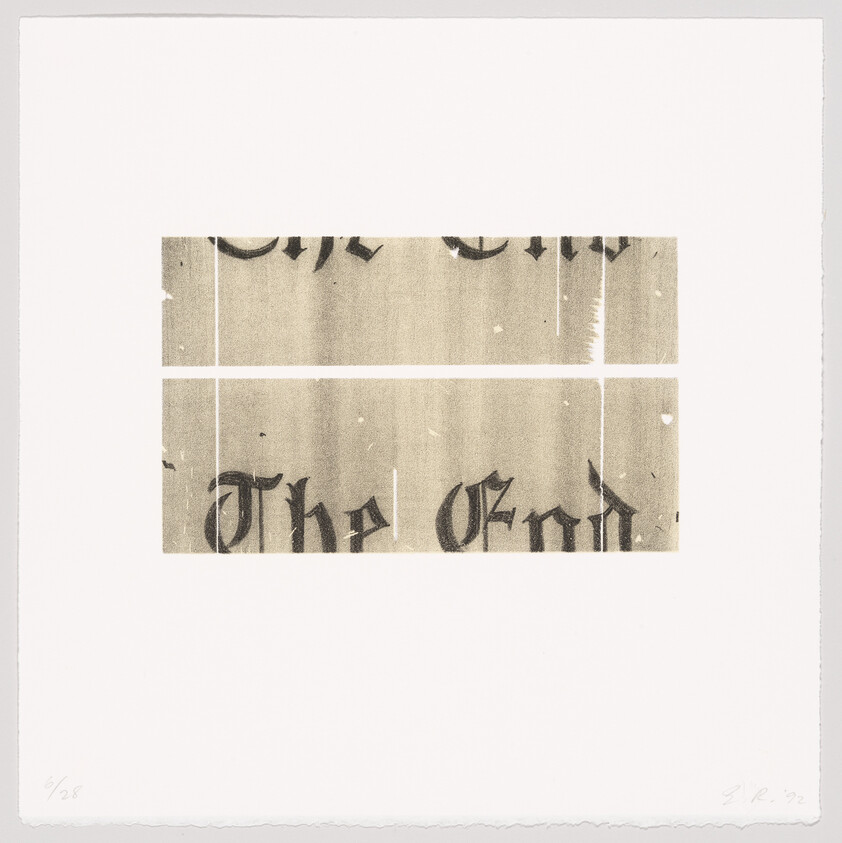 Rectangular fragments of old blackletter text spelling "The End" arranged on a white background.