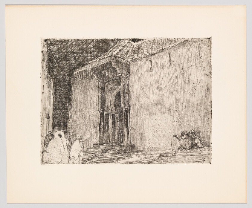 Figures in cloaks approach a large ornate doorway while two people sit against the wall.