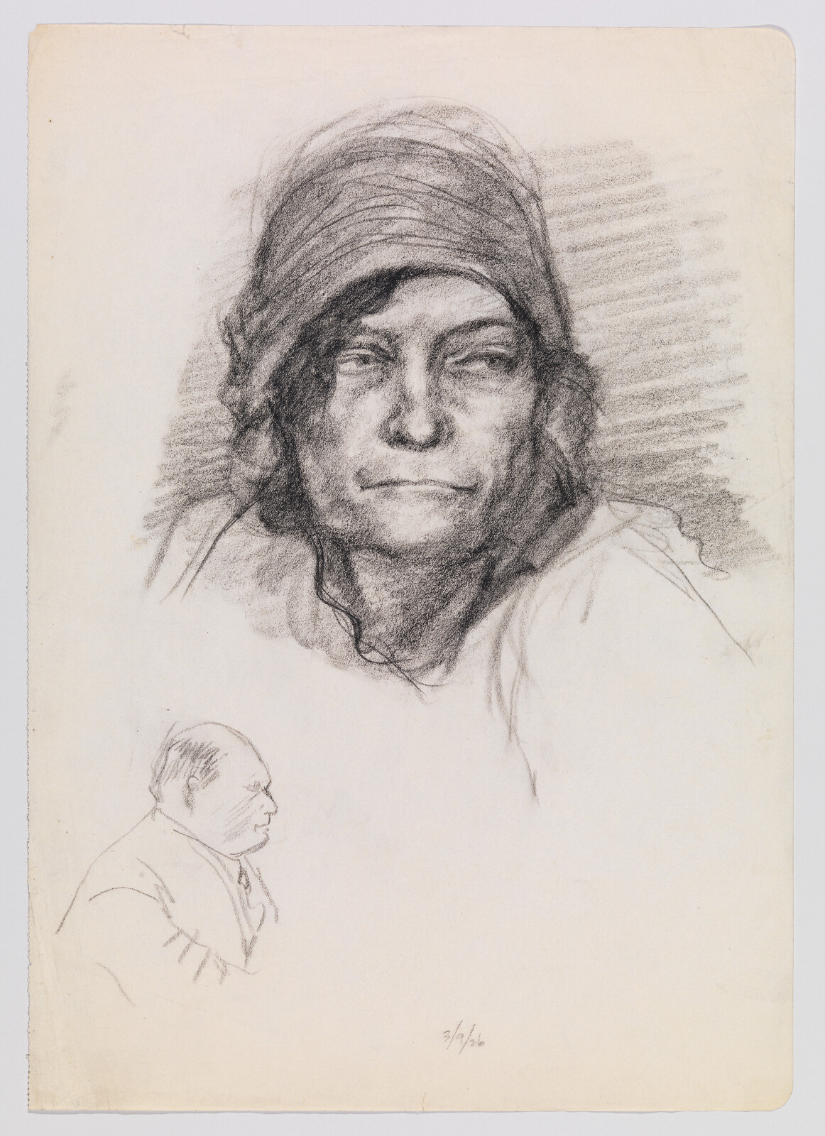 An expressive charcoal portrait of a woman wearing a headscarf with a weary, contemplative expression.