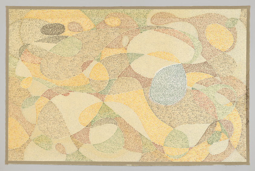 Abstract composition of overlapping pastel shapes filled with dense handwritten text across the page.