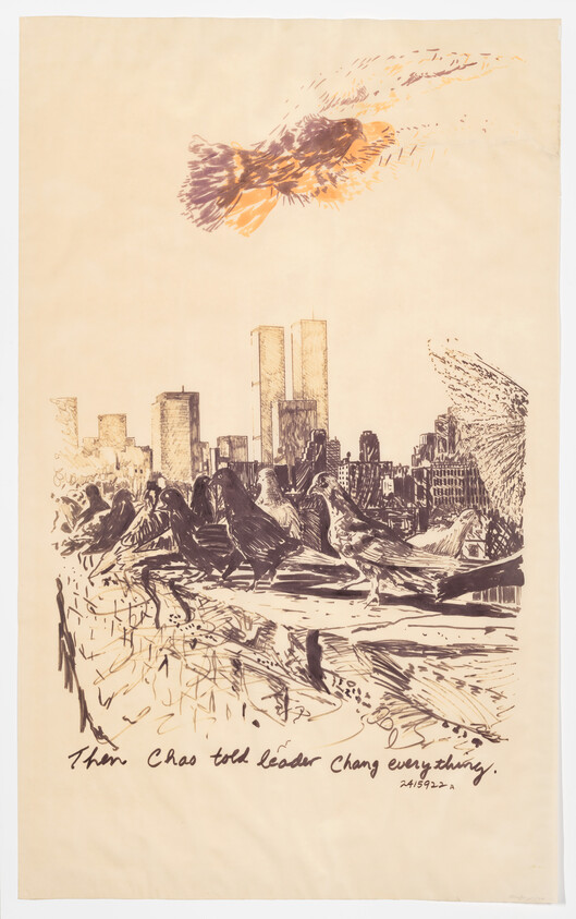 Pigeons perched on a ledge overlooking city towers with handwritten text, "Then Chaos told Leader Chang everything."