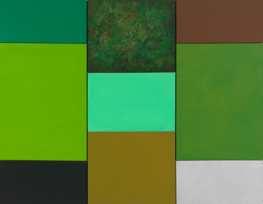 Grid of rectangular color blocks in varying greens, browns, black, and white arranged in columns.