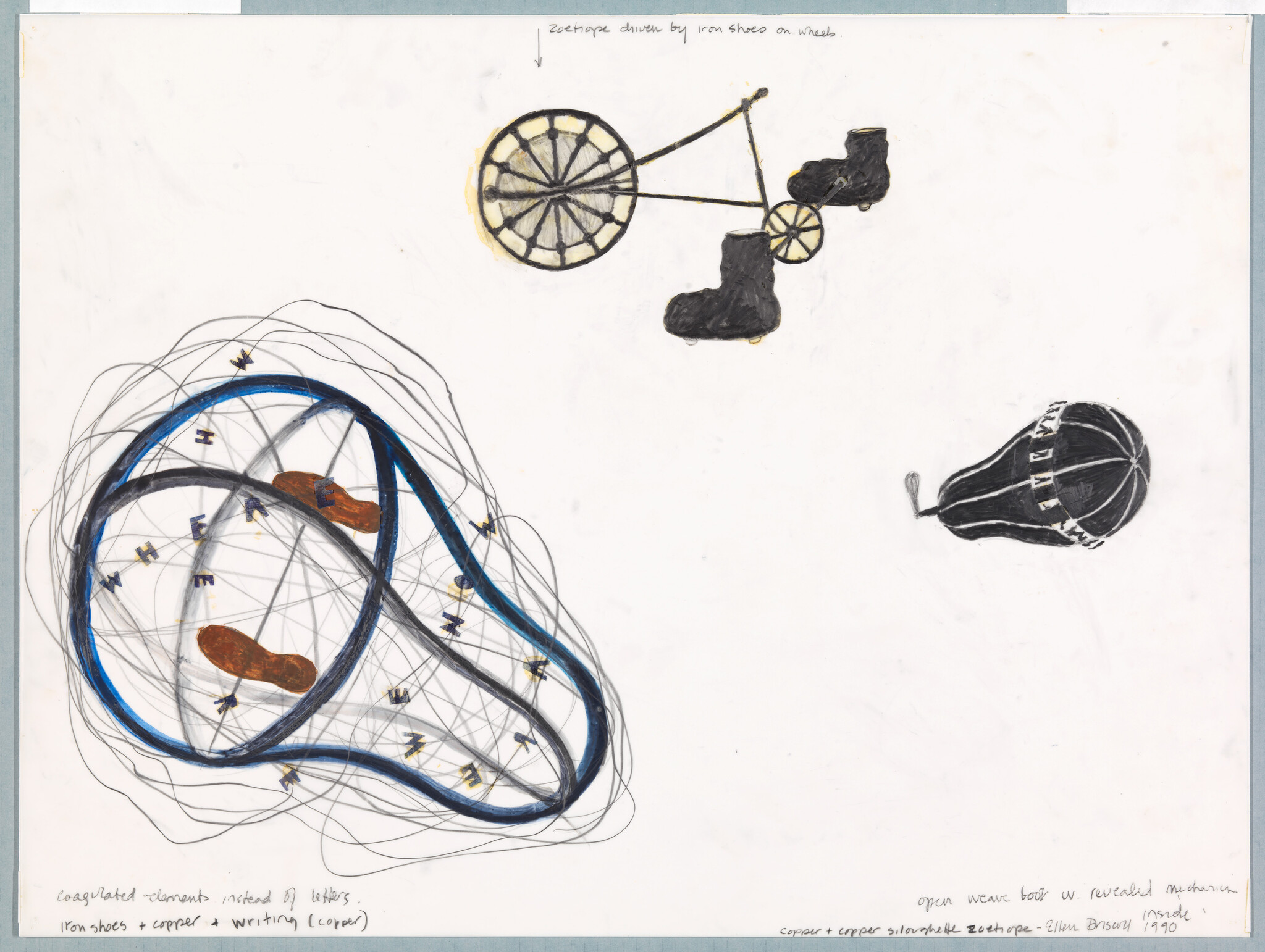 Tangled blue tubular structure enclosing brown shoe shapes with a wheel and boot drawing above.