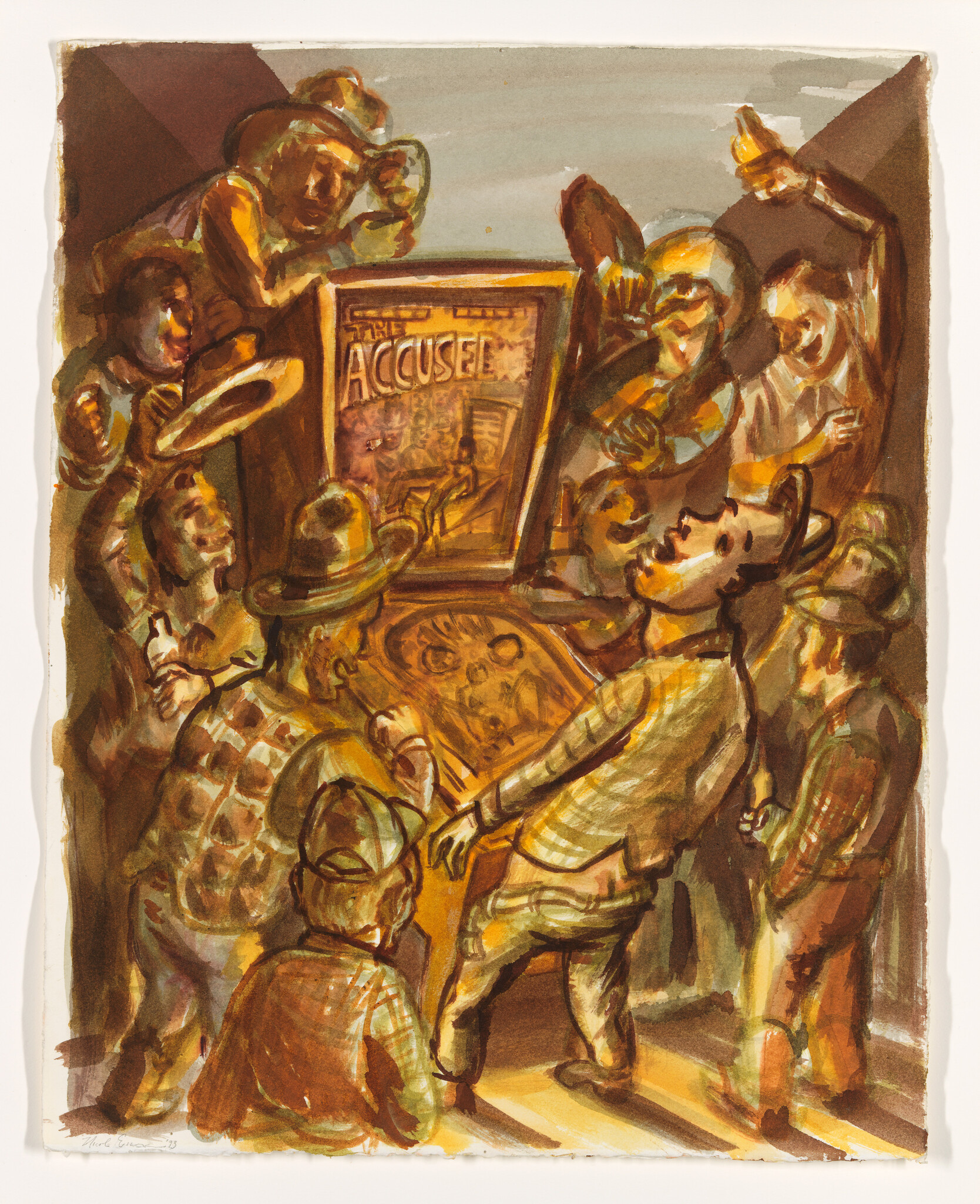 A crowd of people excitedly gathers around a framed poster titled "Accusée" in warm light.
