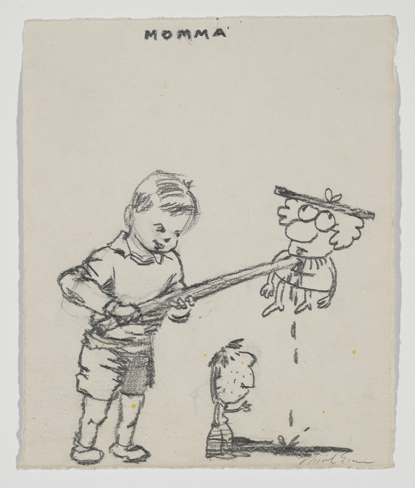 Boy uses a long stick to hold a dripping doll over a smaller child, with 'Momma' written above.