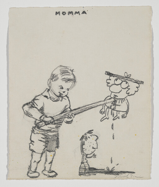 Boy uses a long stick to hold a dripping doll over a smaller child, with 'Momma' written above.