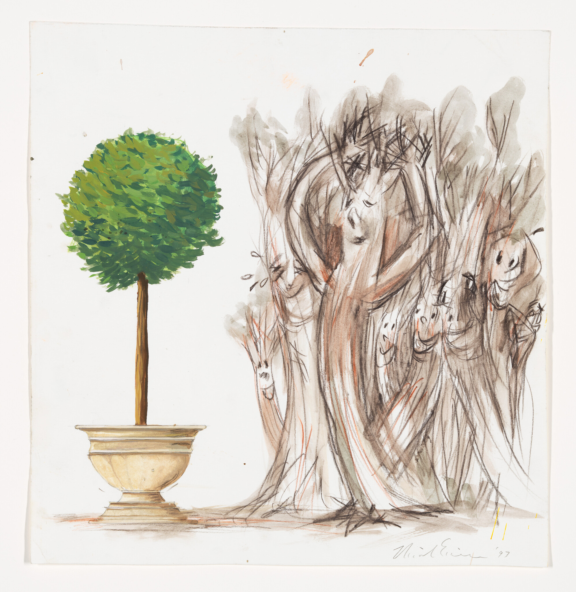 A neatly trimmed potted topiary stands beside a cluster of sketchy trees with smiling faces.