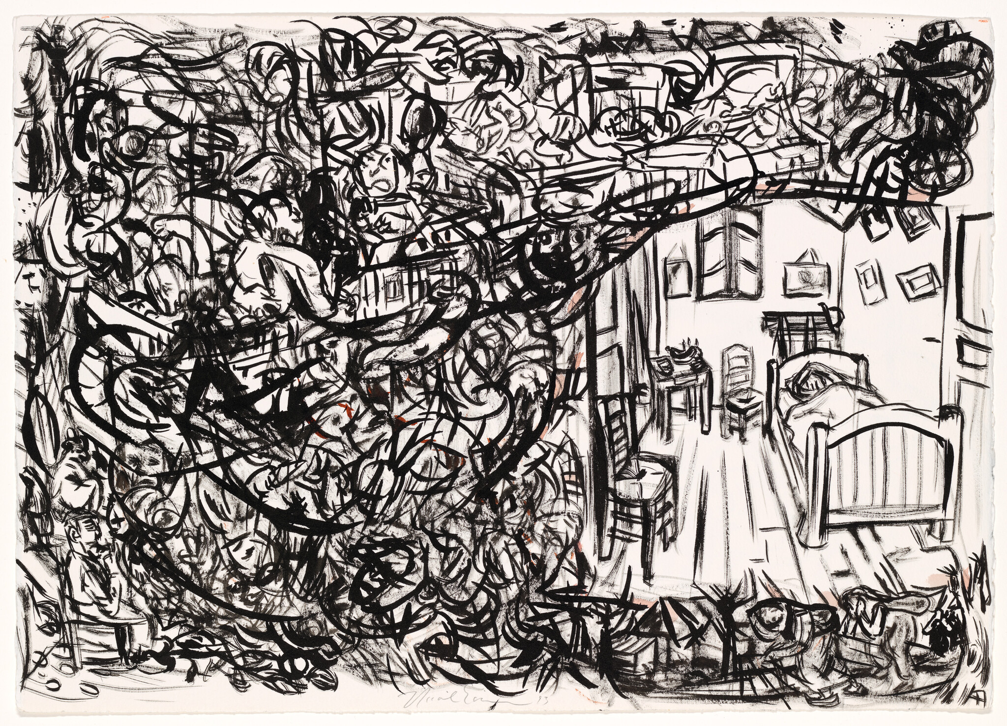 Chaotic black ink scribbles crowd the left side while a simple bedroom with bed and chairs appears on the right.
