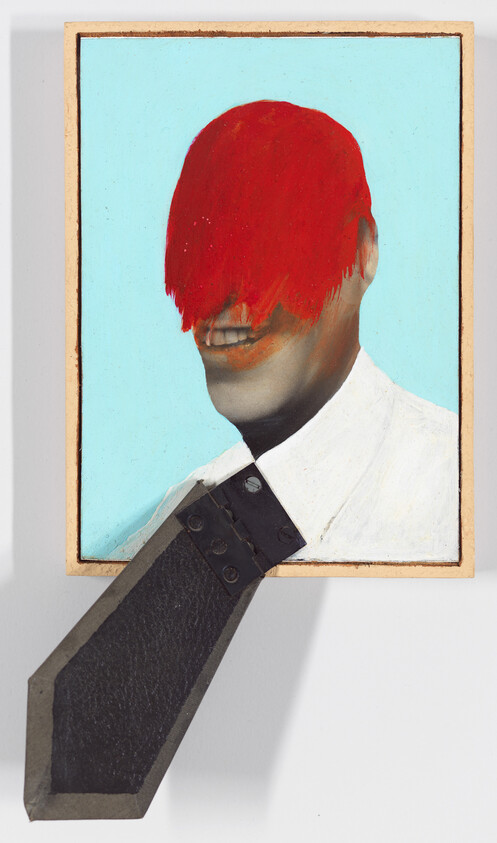 Portrait of a person with red hair covering their eyes and a black textured tie extending outward.