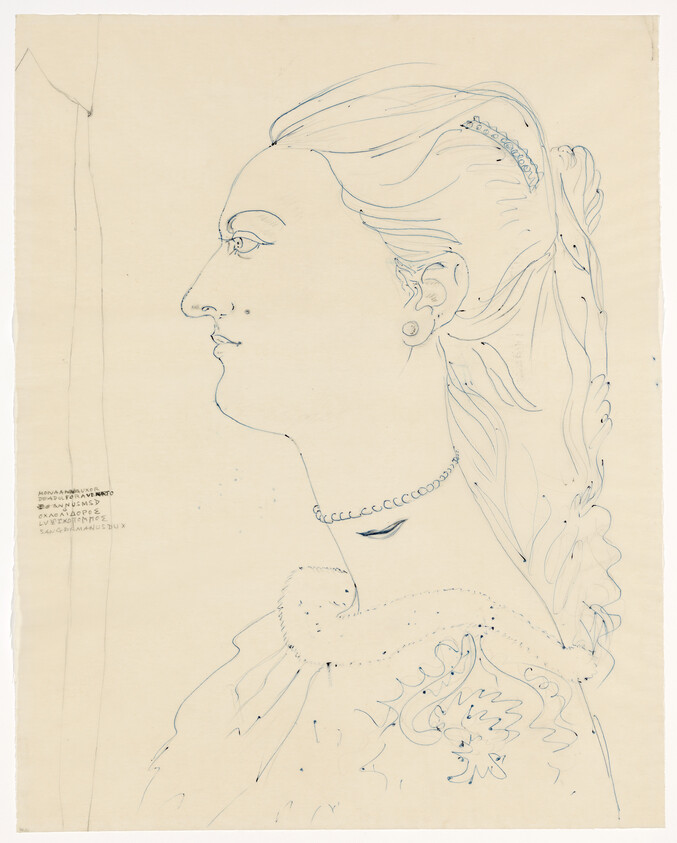 A simple line drawing of a woman in profile wearing a necklace, earring, and fur-trimmed dress.