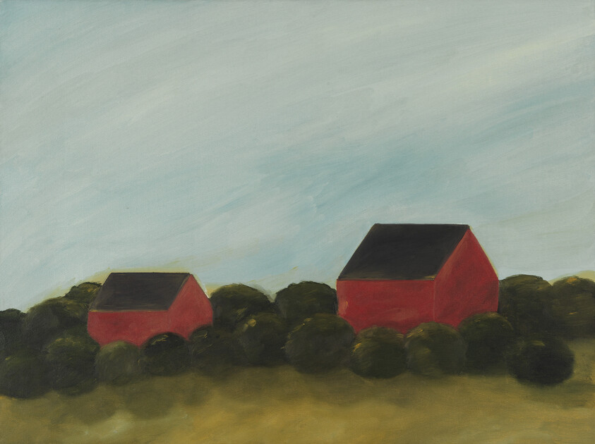 Two small red barns sit among green trees under a pale blue sky.