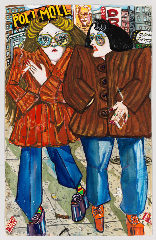 A vibrant, expressionist painting depicting two stylized female figures with exaggerated features, wearing colorful, oversized sunglasses and bold, patterned clothing. They stand against a backdrop of urban signage and buildings, with a collage-like floor scattered with various items. The figures appear to be in mid-conversation, with one holding a cigarette. The artwork is rich in texture and color, with a dynamic, almost cartoonish quality.