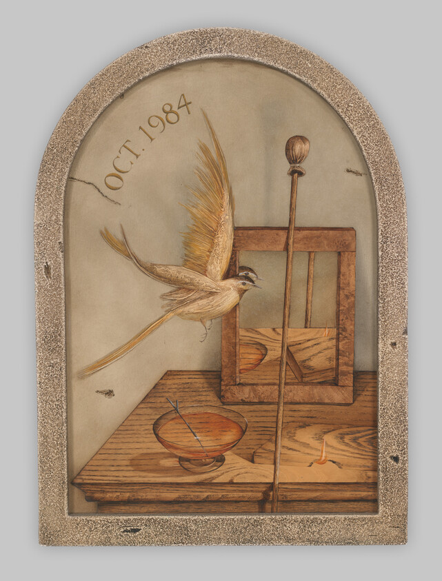 A small bird flies inside an arched frame above a wooden table with a bowl and mirror.
