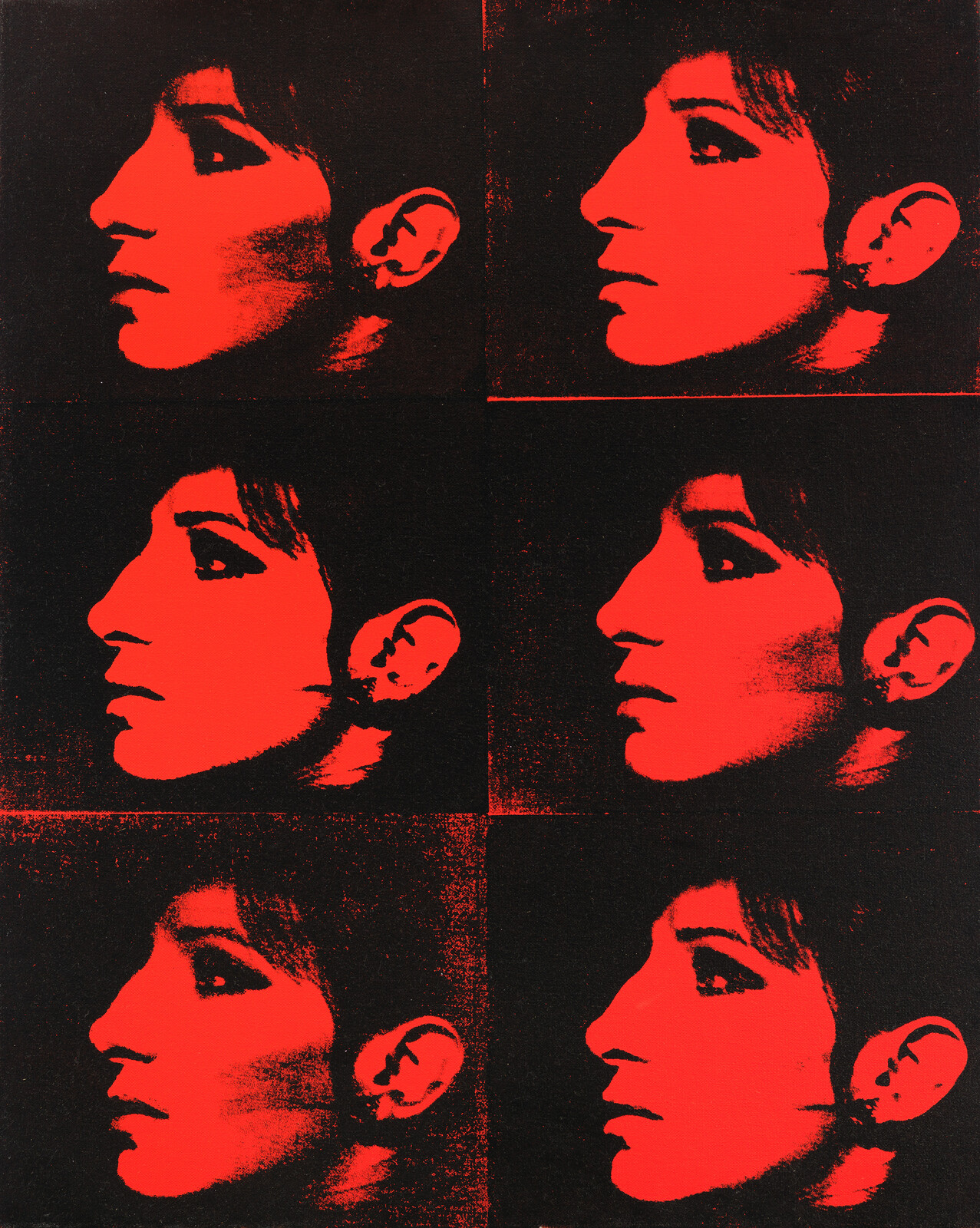 Six red pop-art side profiles of a woman's face arranged in a grid.