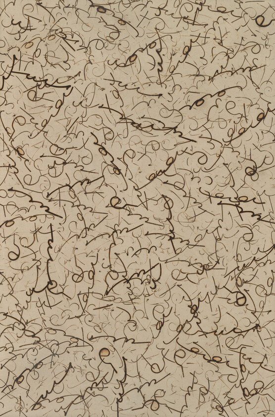 Dense pattern of brown looping scribbles and swirls across a beige background.