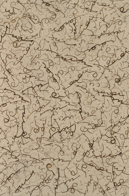 Dense pattern of brown looping scribbles and swirls across a beige background.