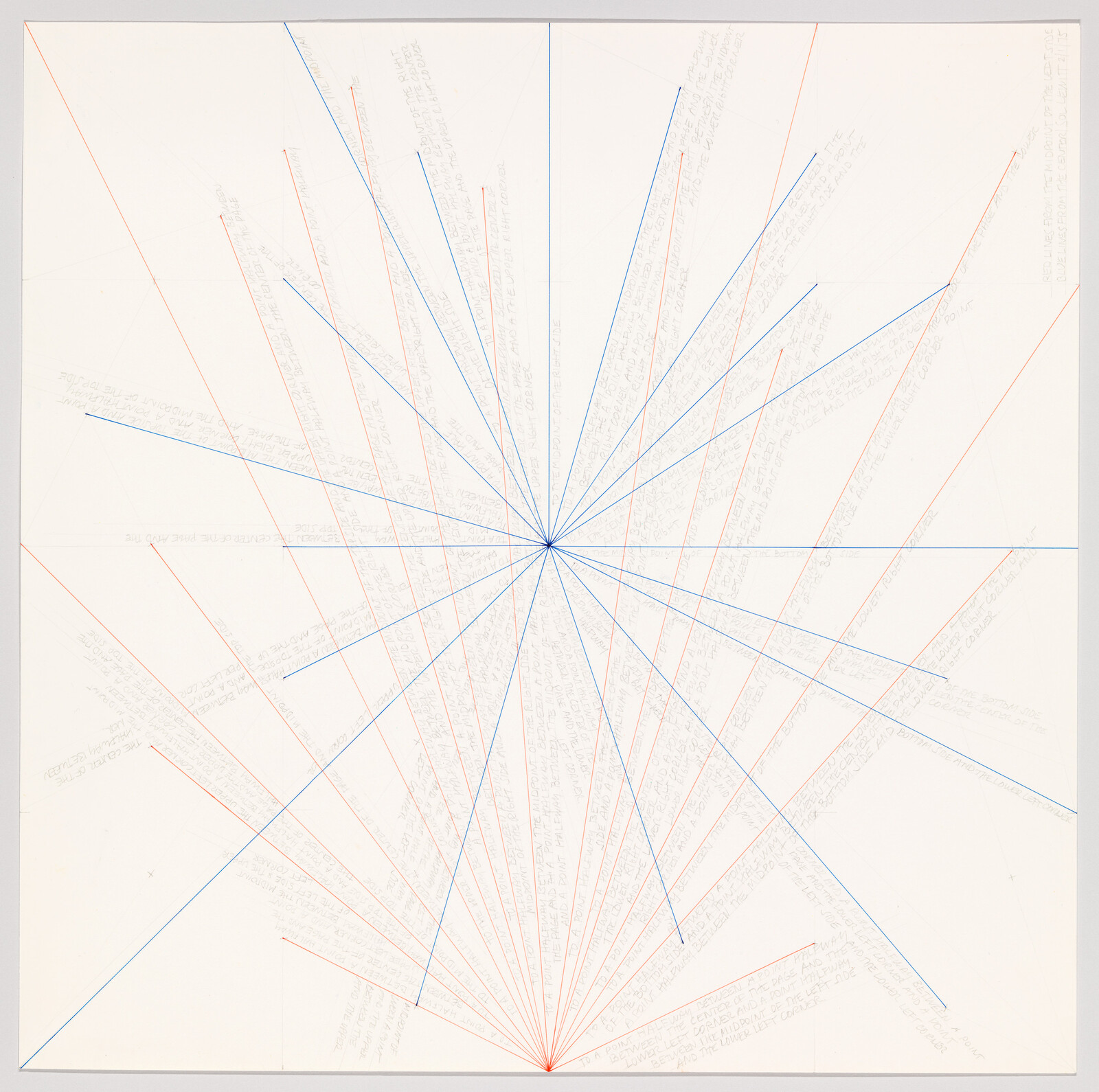 Converging blue and orange lines radiate from a central point with faint handwritten notes.