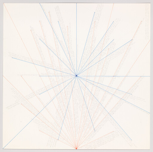 Converging blue and orange lines radiate from a central point with faint handwritten notes.