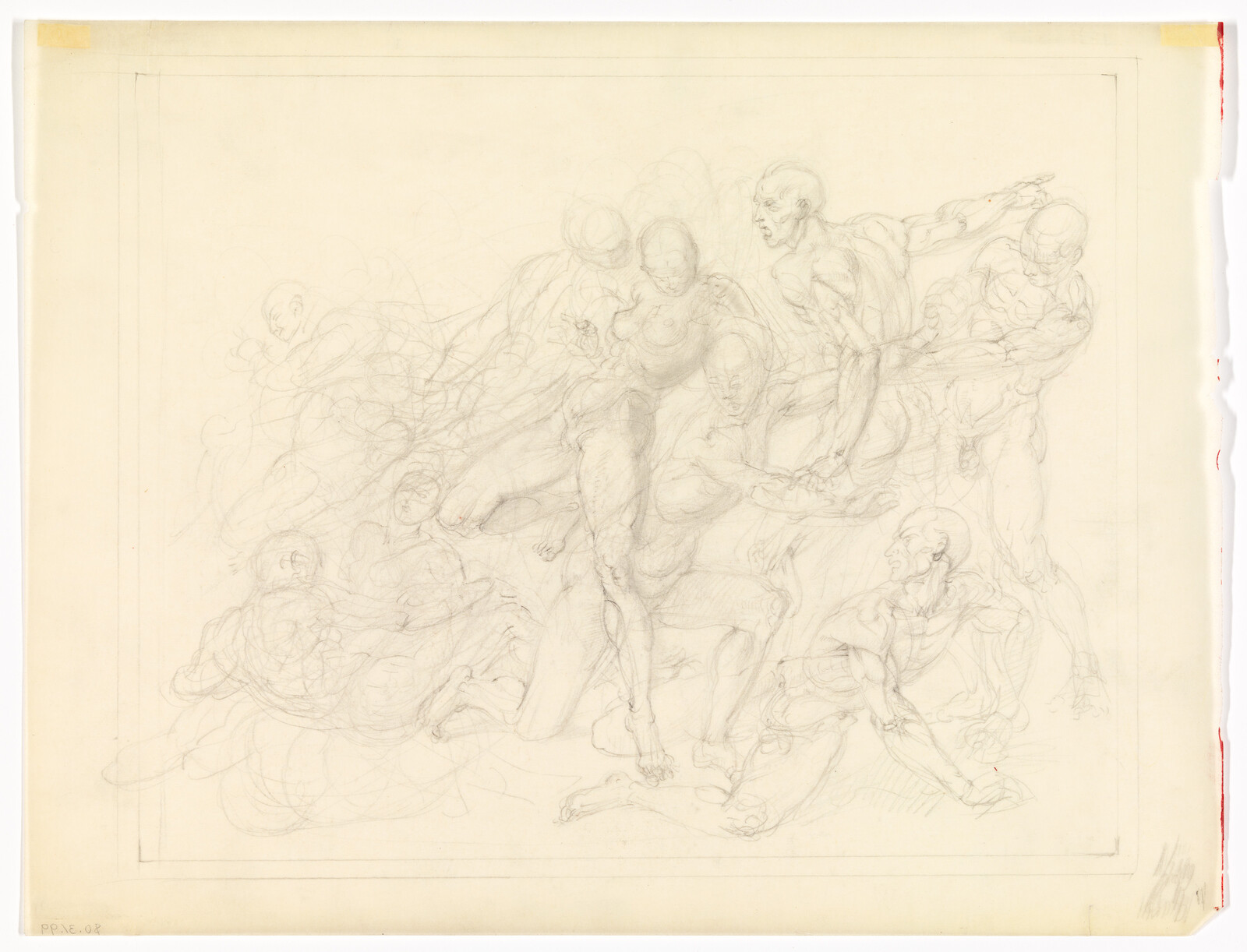 Several nude muscular figures in dynamic, intertwined poses with some reaching and kneeling.