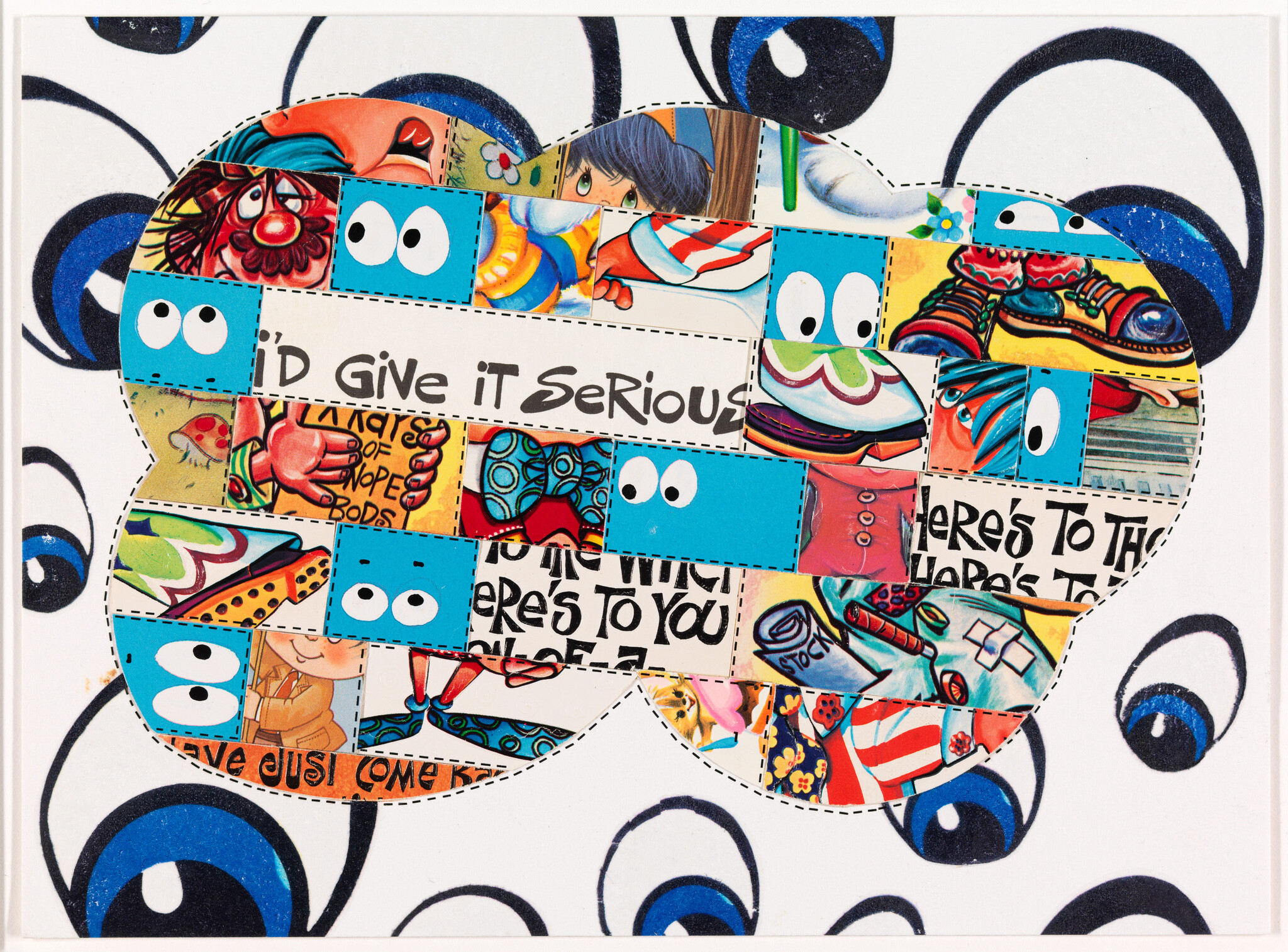A colorful patchwork cloud collage with blue cartoon eyes and mixed cartoon panels.