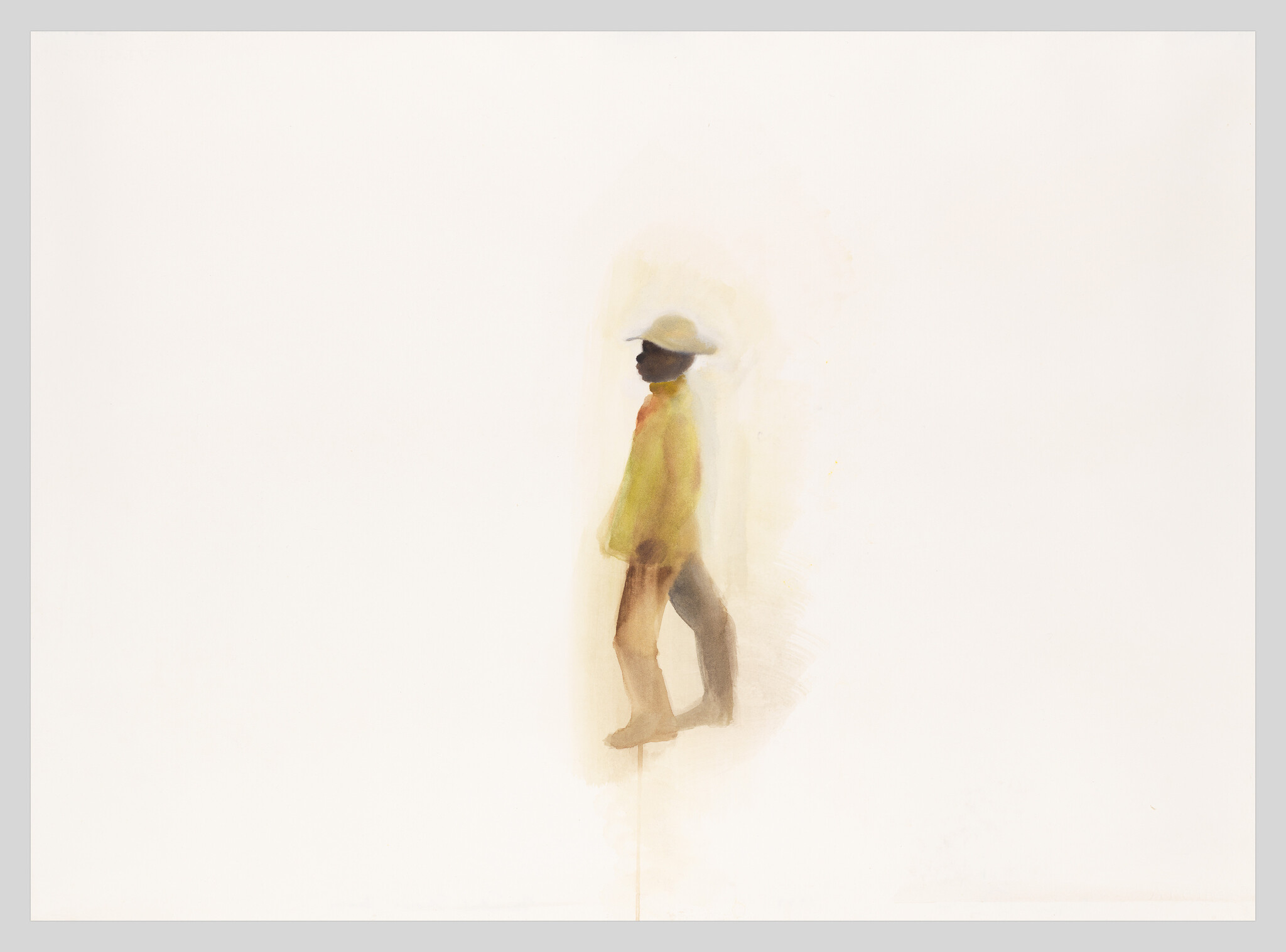A lone person in a yellow jacket and hat walking to the right on a pale background.