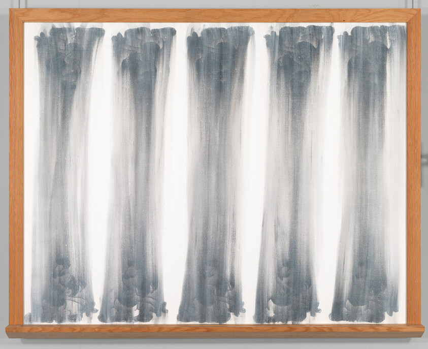 Five tall vertical gray brushstroke columns run down a white canvas inside a wooden frame.