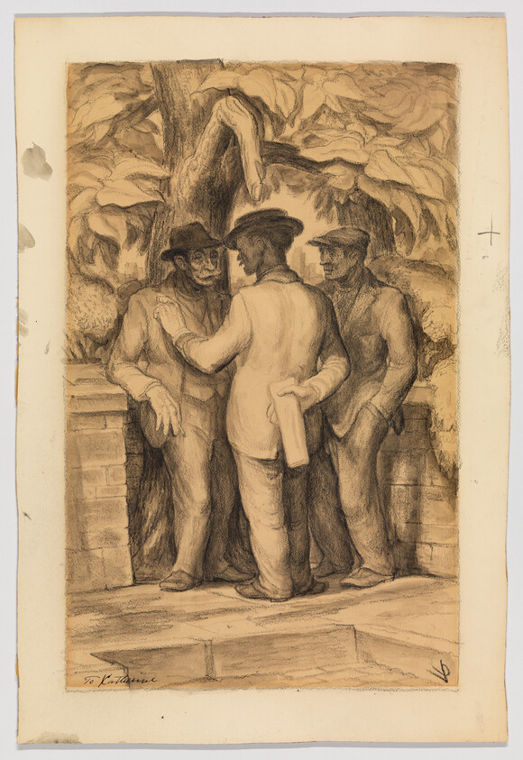 Three men in hats stand under a large tree, one placing a hand on another's shoulder.