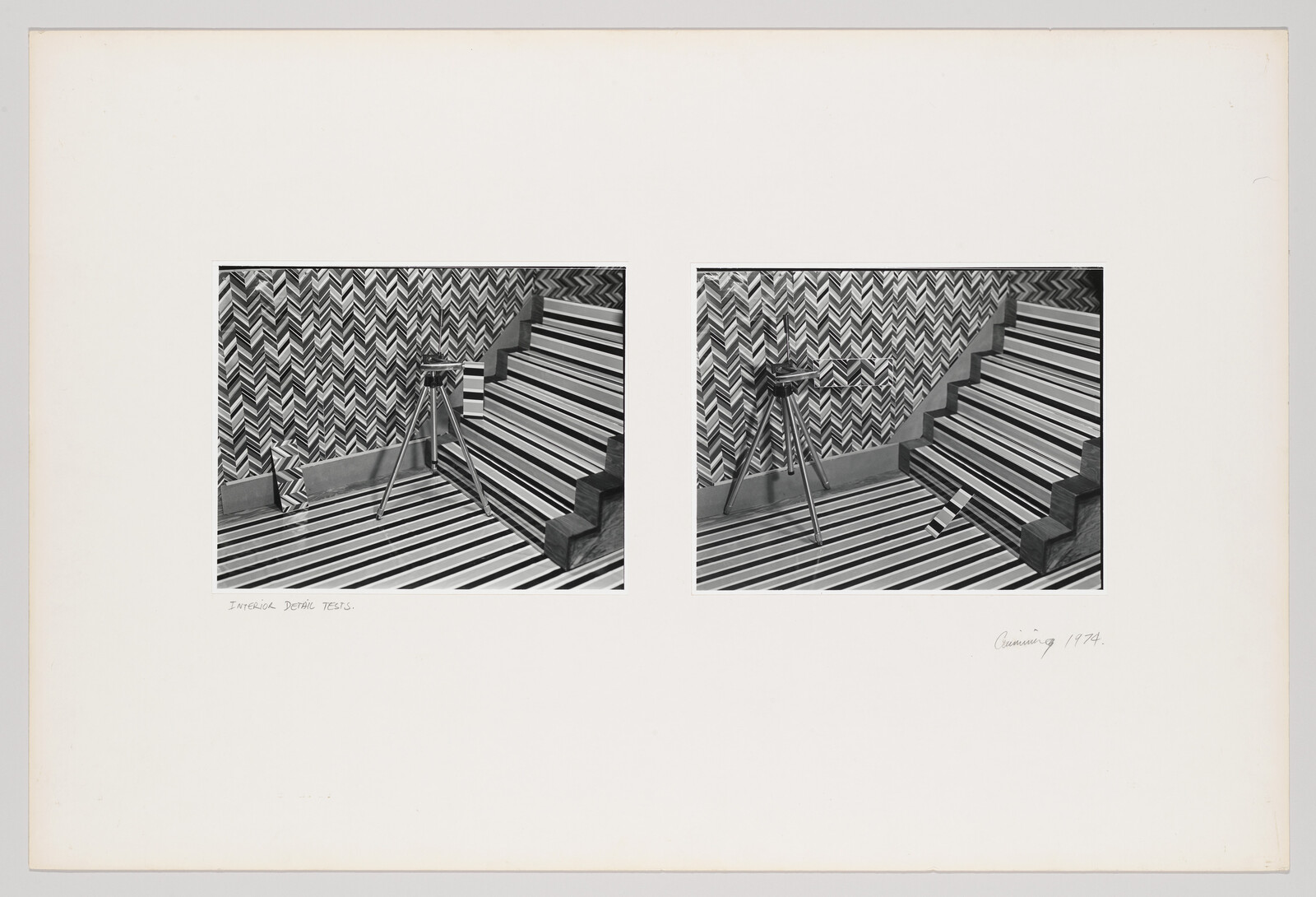 A tripod stands on a striped floor beside a zigzag-patterned staircase in two black-and-white photos.
