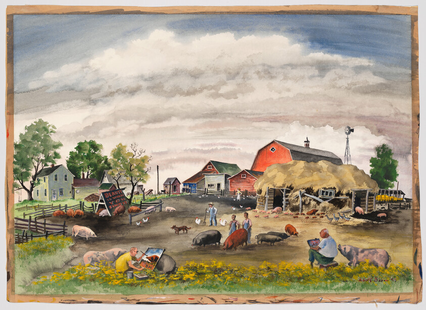 Farmyard with red barns, people tending pigs and two artists painting in the foreground.
