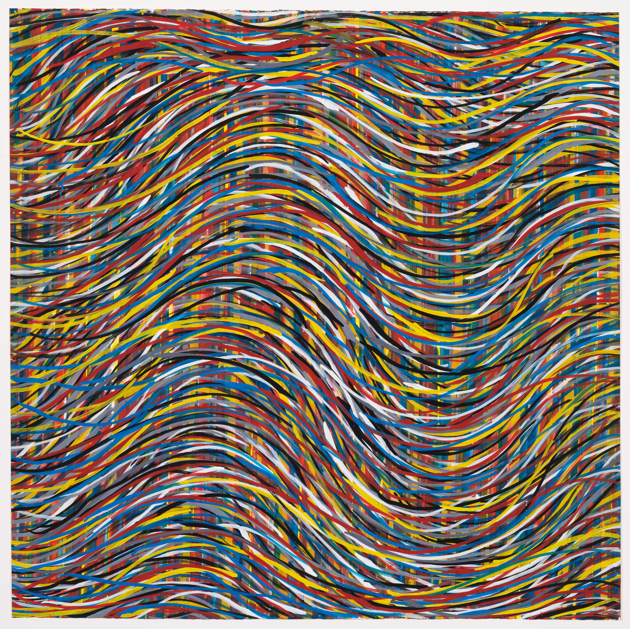 A vibrant abstract painting featuring a multitude of wavy lines in various colors that create a sense of movement across the canvas. The lines intertwine and overlap in a dynamic pattern, with colors including red, blue, yellow, and black, giving the impression of a colorful, undulating surface.