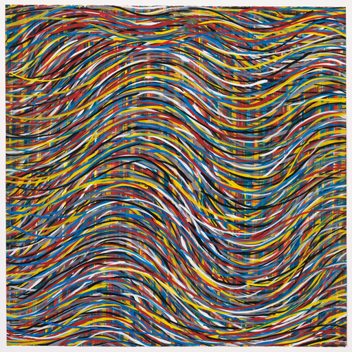 Colorful wavy ribbons of red, yellow, blue, and black weave across a grid-like background.