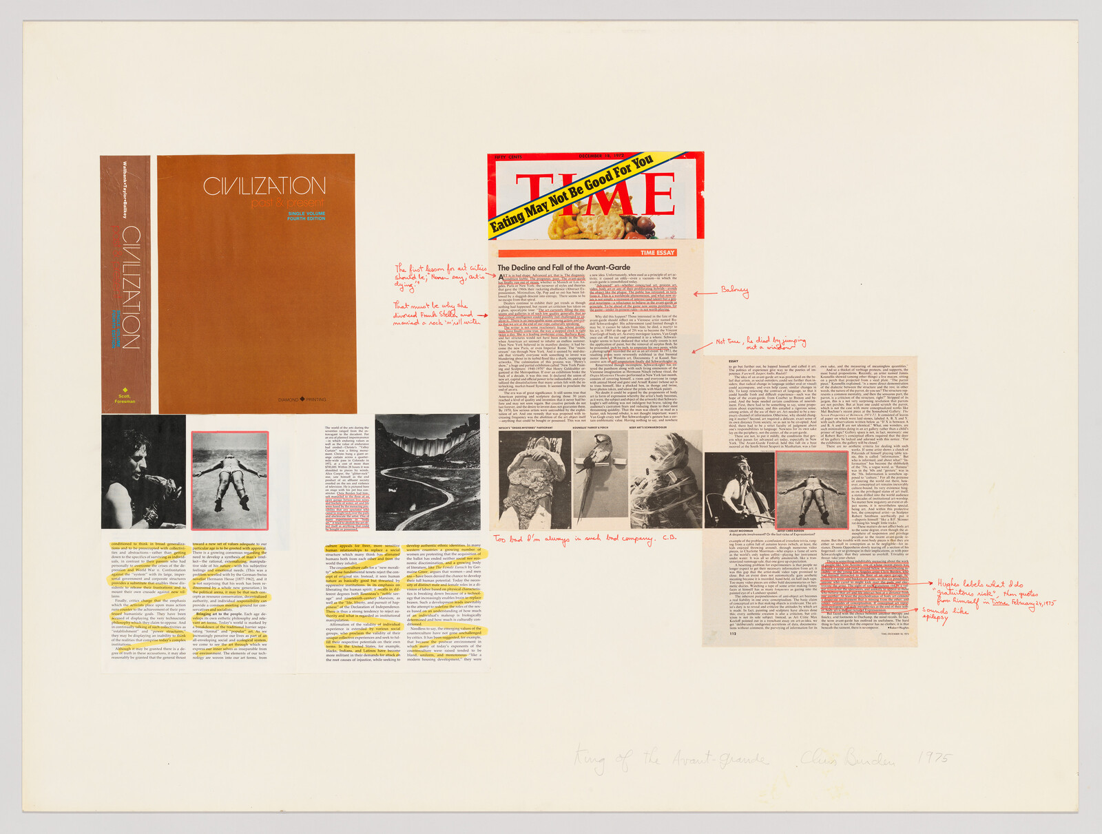 Collage of magazine pages and a Civilization book cover with red handwritten annotations.