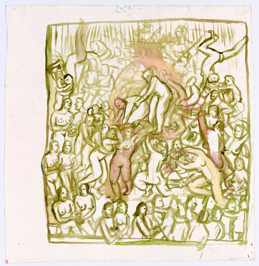 Several nude figures recline and interact around a central reclining woman, one person touching her torso. — view 119678