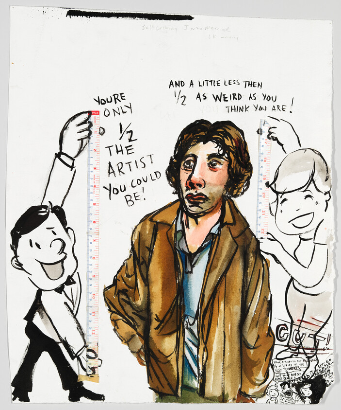 A mixed media artwork featuring a central figure with a pensive expression, flanked by two cartoonish characters, one holding a ruler and the other with a hand gesture. Text around the figures includes self-reflective and motivational phrases about artistic potential and individuality. The piece combines illustration with handwritten notes, creating a layered visual narrative.