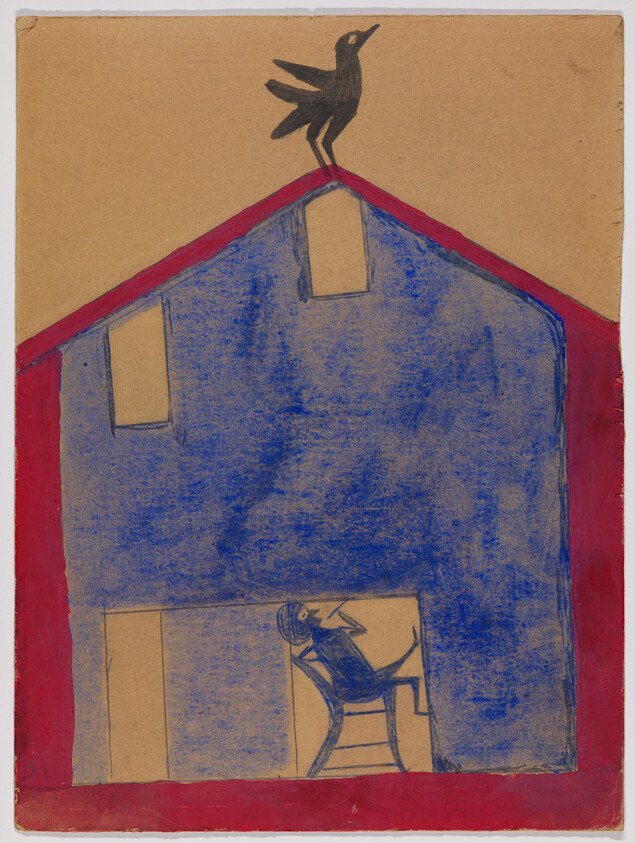 Childlike drawing of a blue house with a red outline and a black bird on the roof, against a tan background.