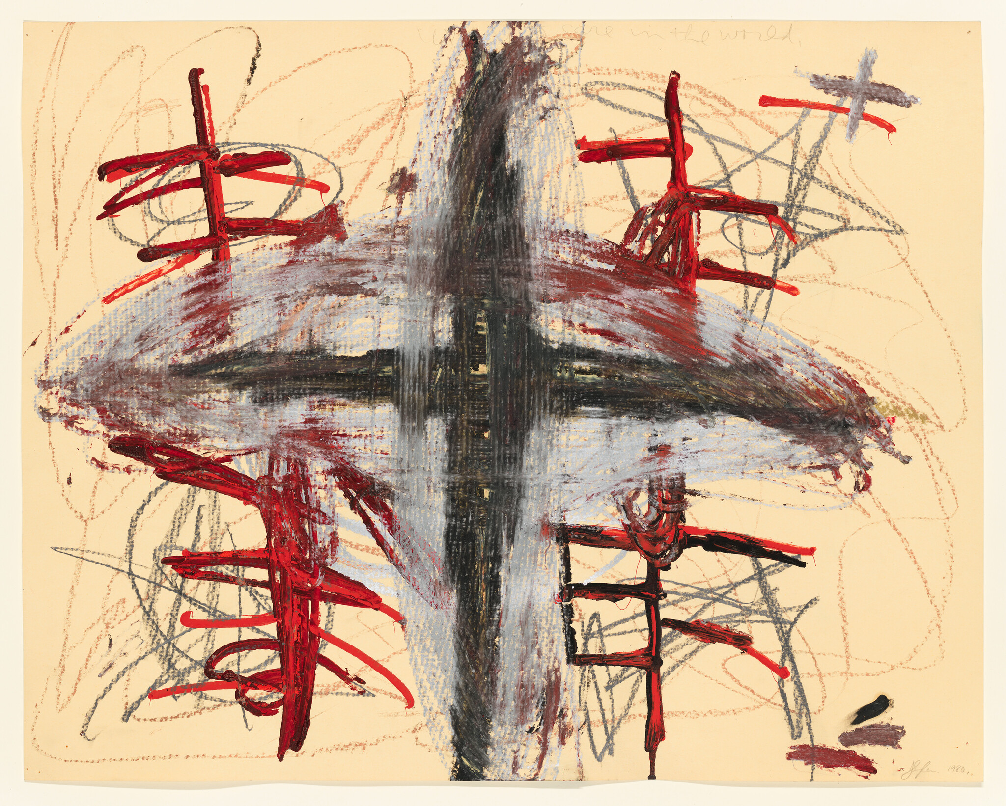 Large abstract painting with a dark cross at the center and red ladder-like marks around it.