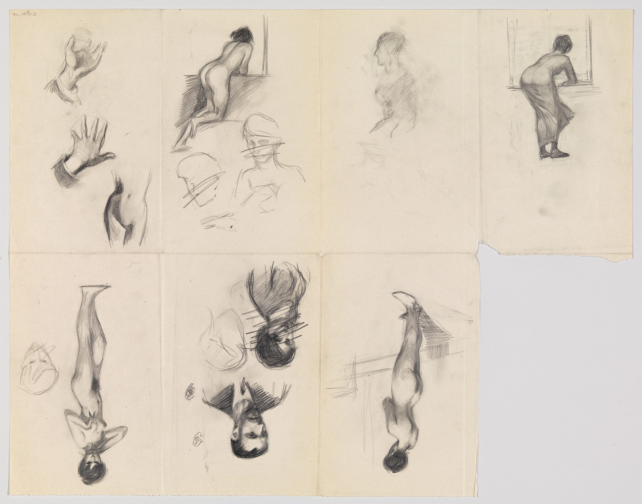 Several pencil figure sketches showing nude poses, hands, and head studies on folded paper.