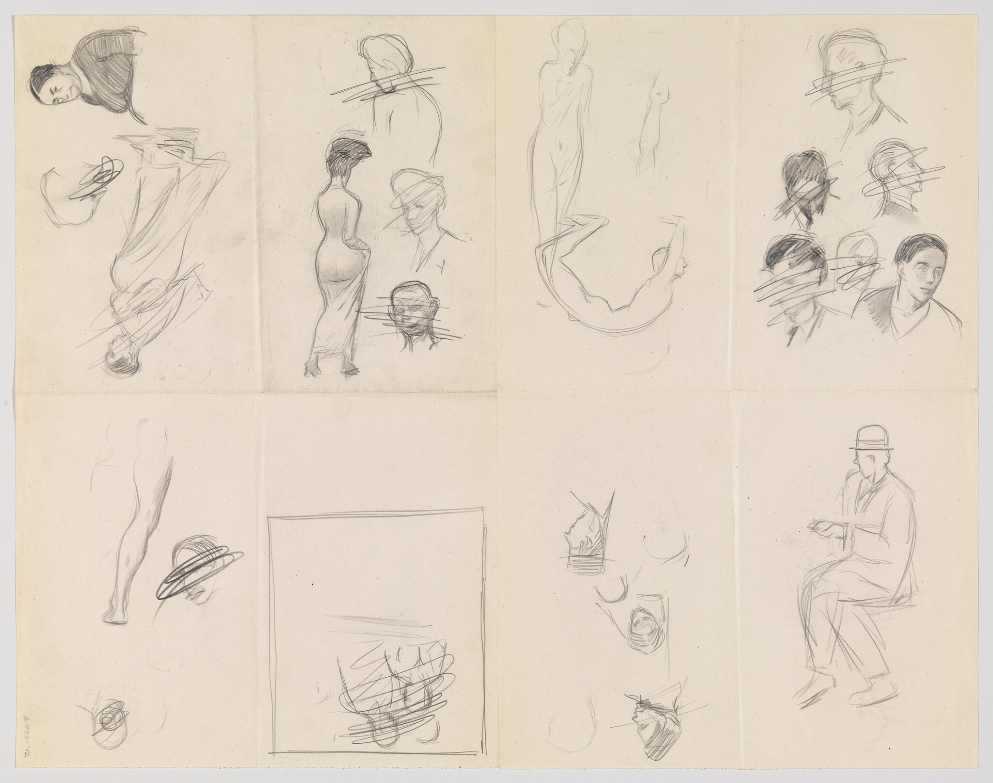 Multiple quick pencil sketches of human figures and heads, including a seated man wearing a hat.