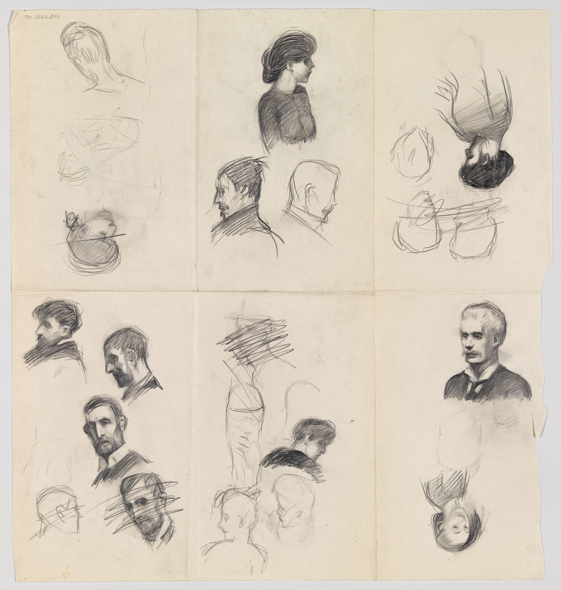 Multiple pencil sketches of male and female head profiles and busts on a folded sheet.