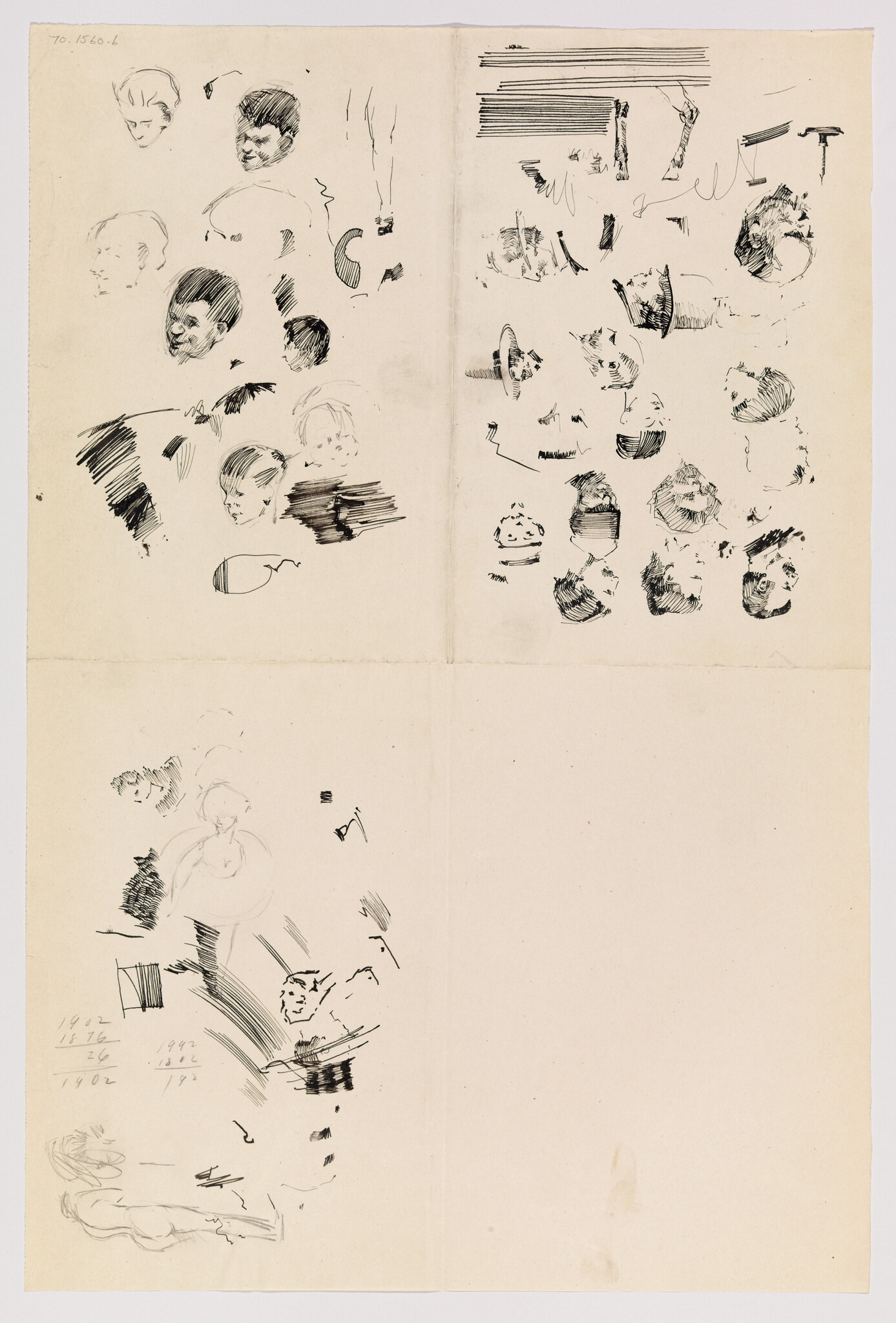 Sheet with multiple small ink sketches of faces, head studies, and scattered pen strokes.