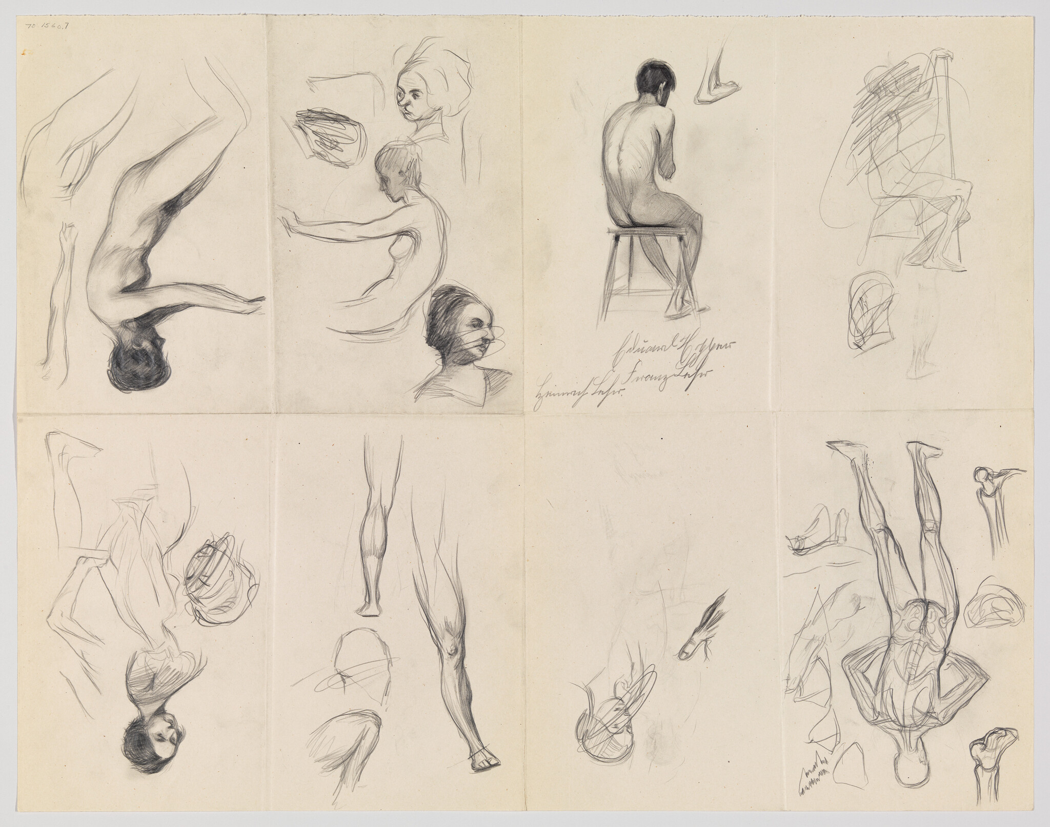 Multiple pencil studies of nude figures and anatomical details in various poses on a sheet.