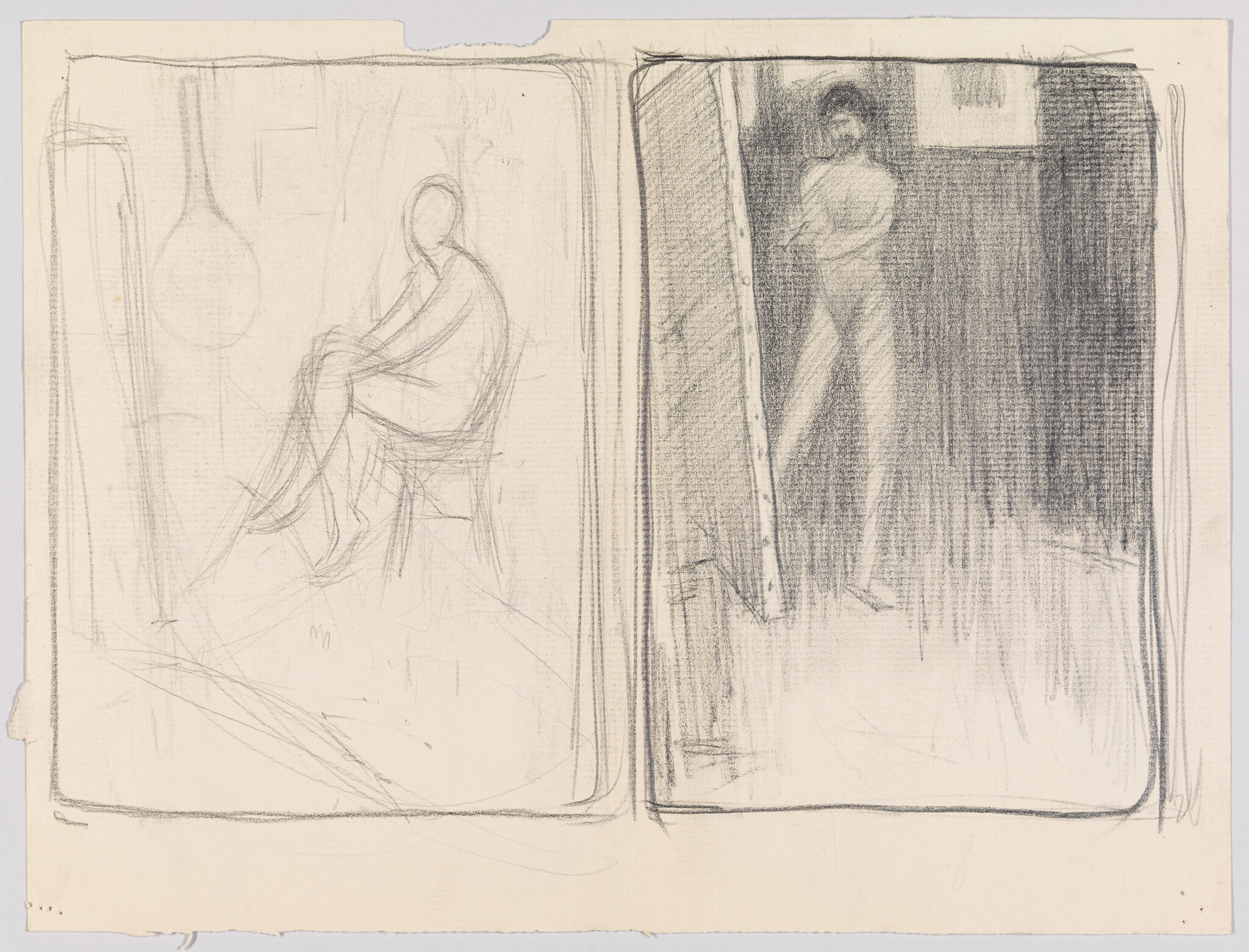 Two pencil sketches showing a seated person on a chair and a standing person leaning in a doorway.