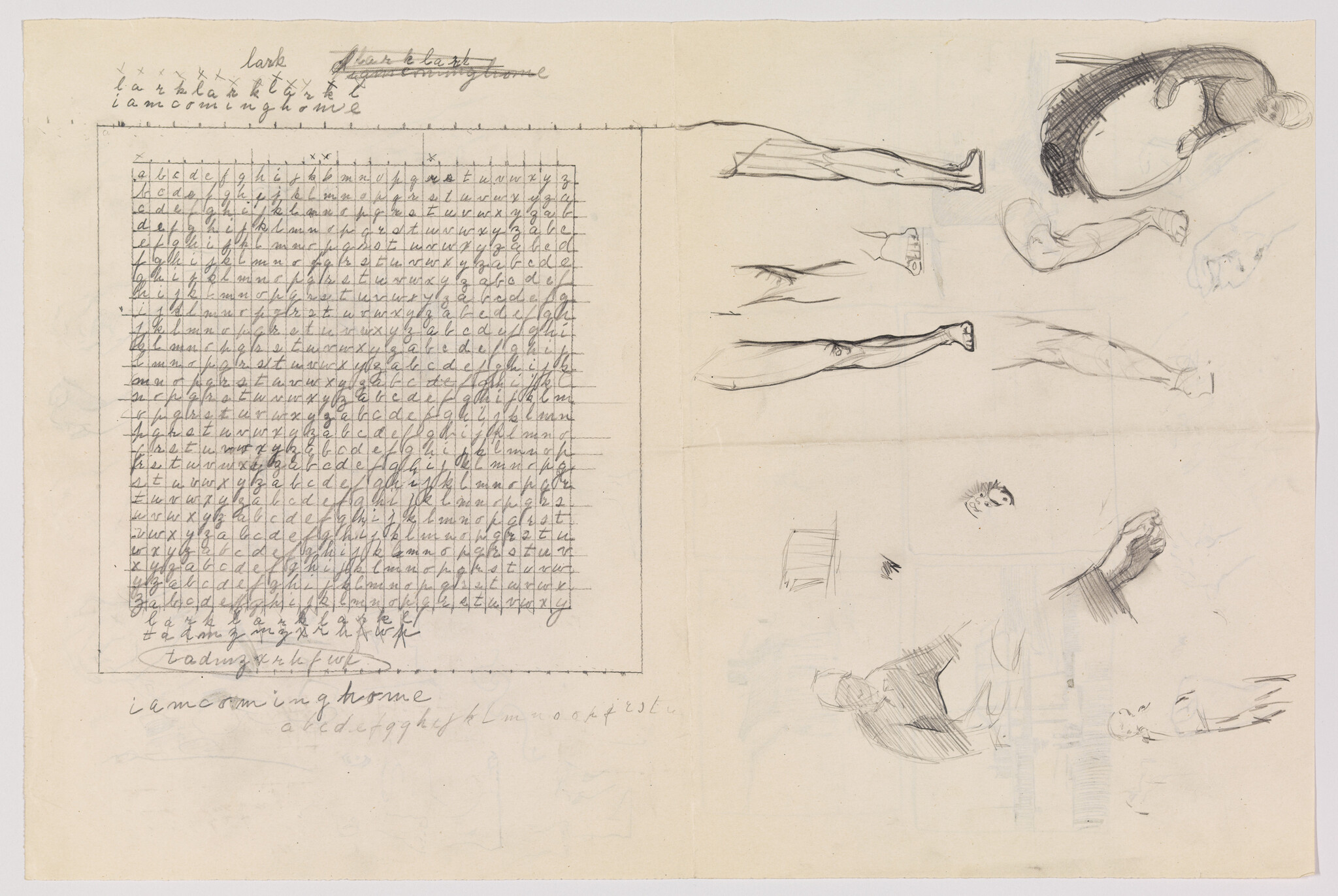 Page showing a handwritten letter grid left and pencil sketches of arms and figures right.