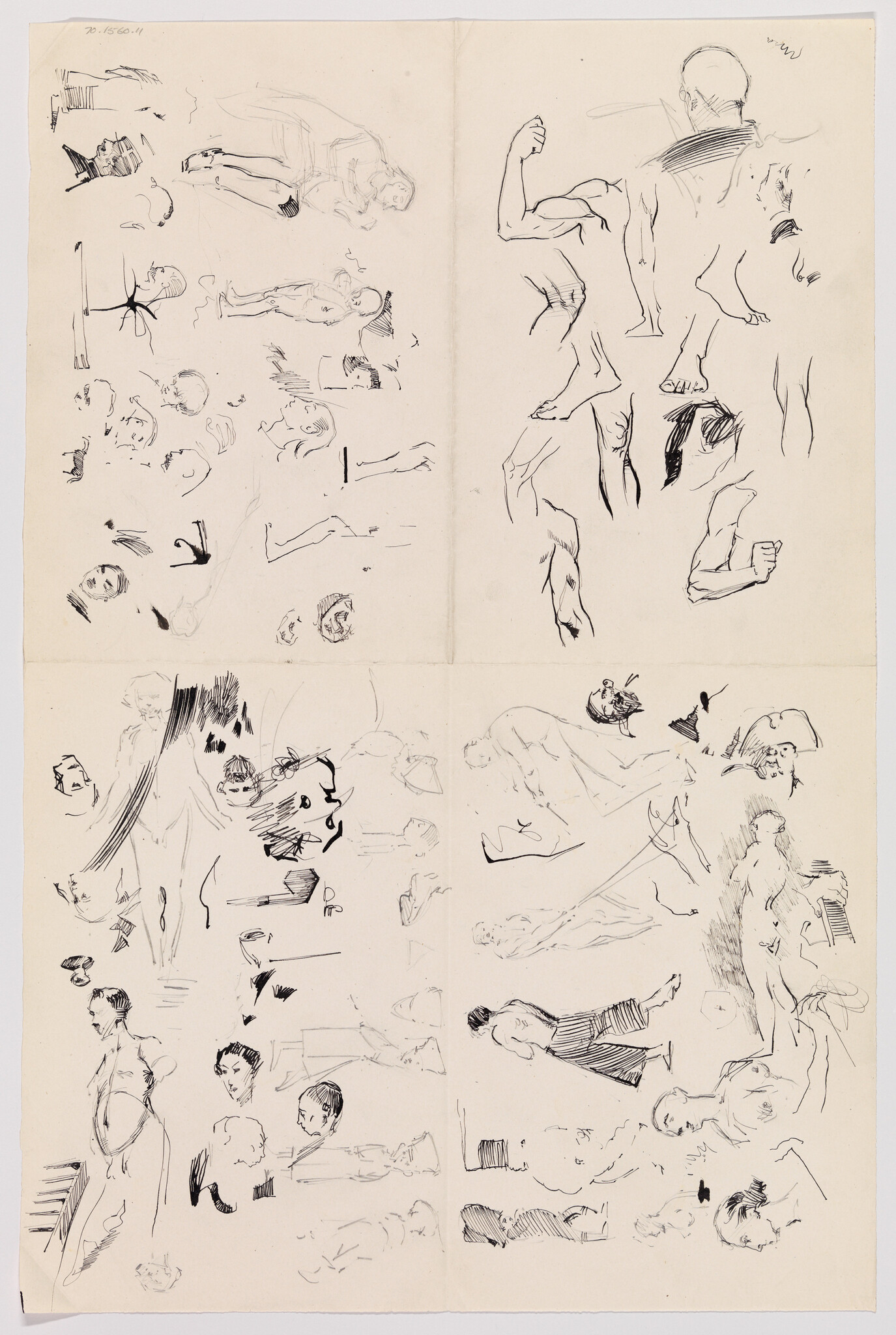 Multiple quick ink sketches showing human figures, heads, and limbs in various poses.