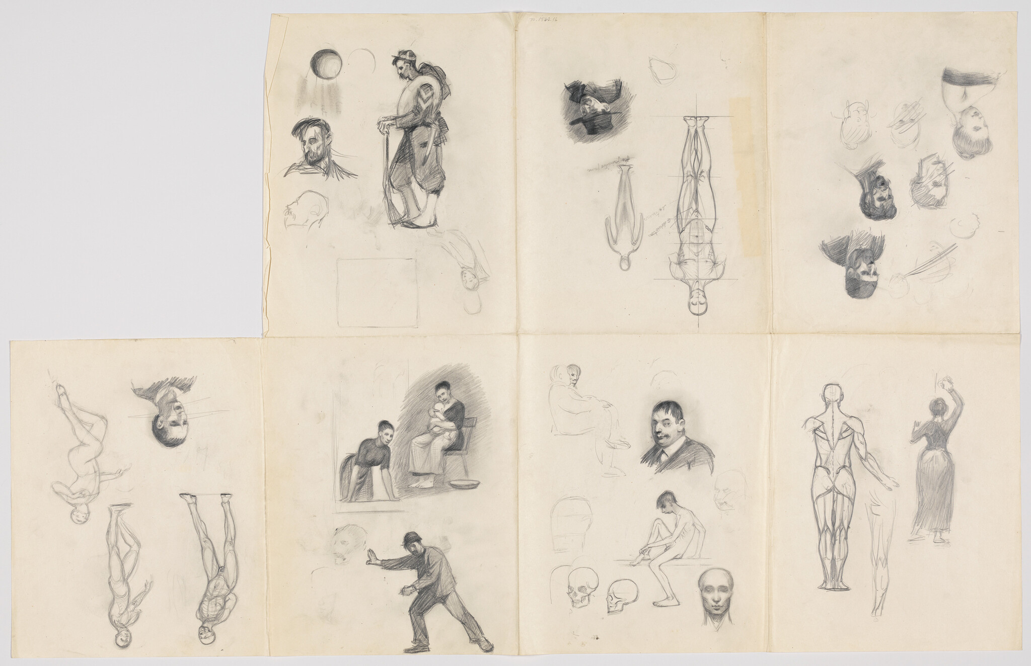 Multiple pencil figure and head studies showing various poses, anatomical sketches, and a seated mother with child.